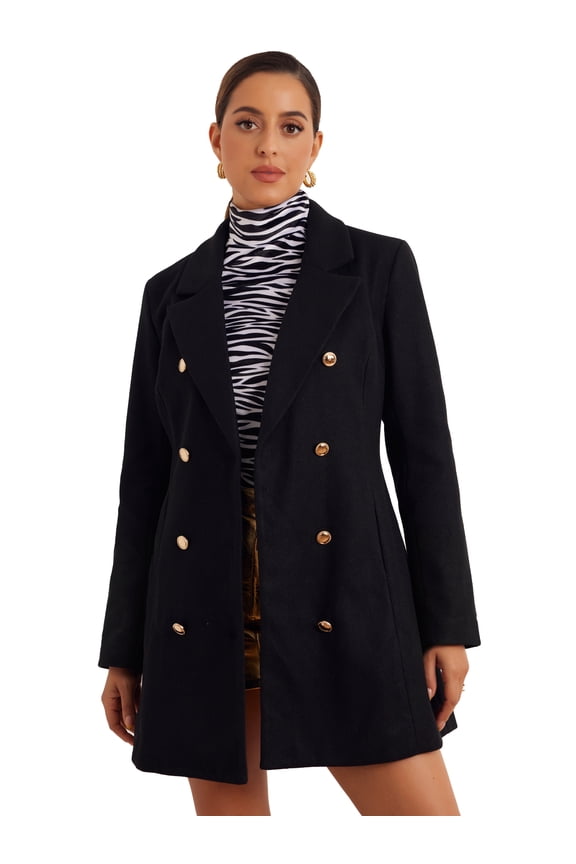Women's Notch Lapel Trench Double Breasted Winter Coats Black XS