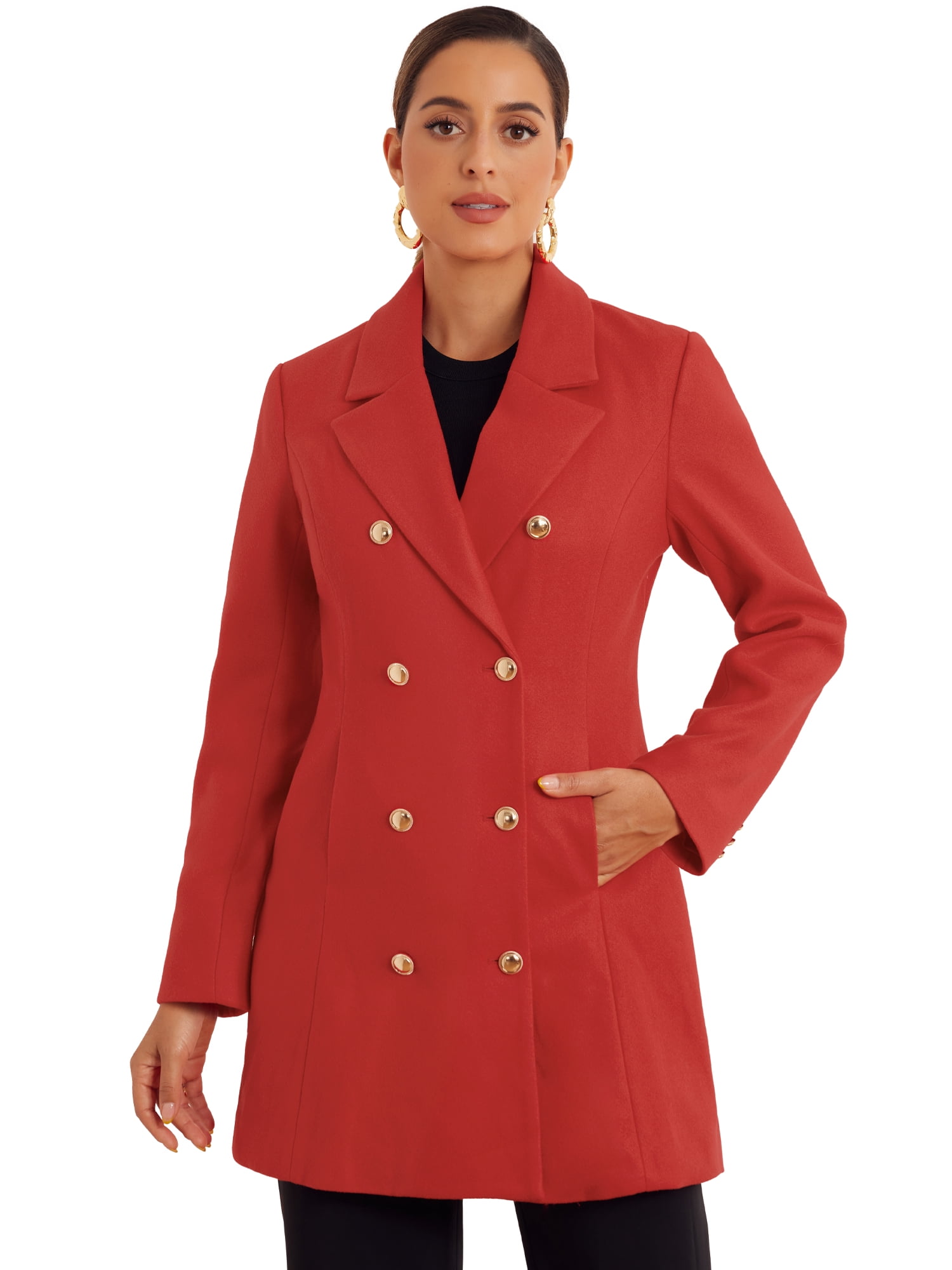 DARING DIVA Women's Winter Peacoat Notch Lapel Trench Double Breasted Coats M Red