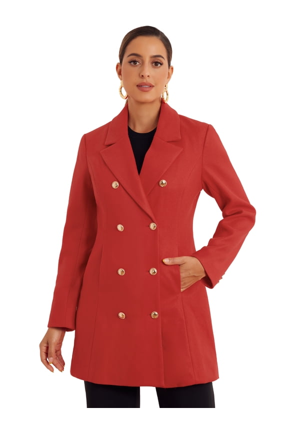 Women's Notch Lapel Trench Double Breasted Winter Coats Red M