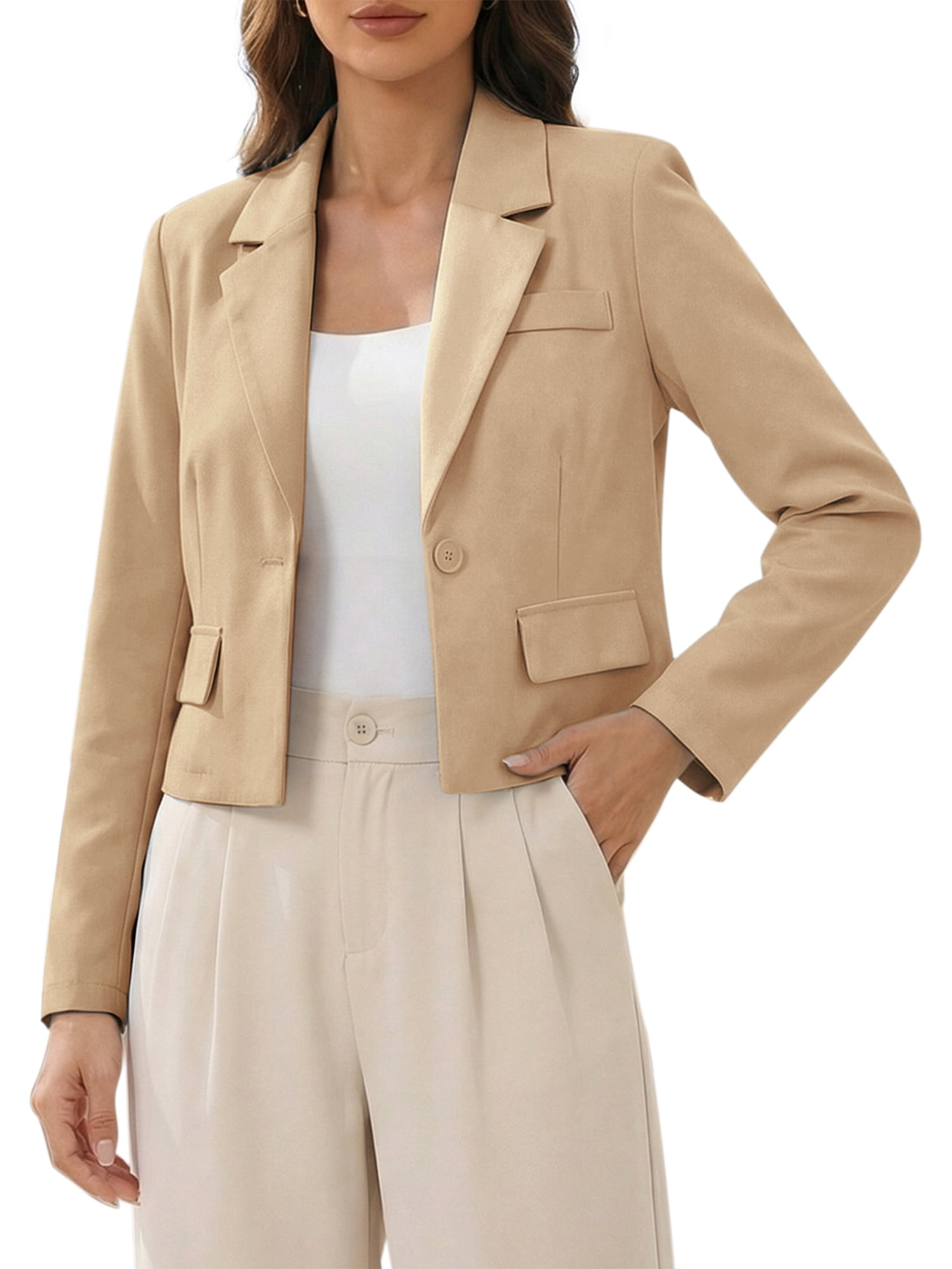 DARING DIVA Women's Notched Collar Long Sleeve Suit Jacket Casual Blazers M Khaki