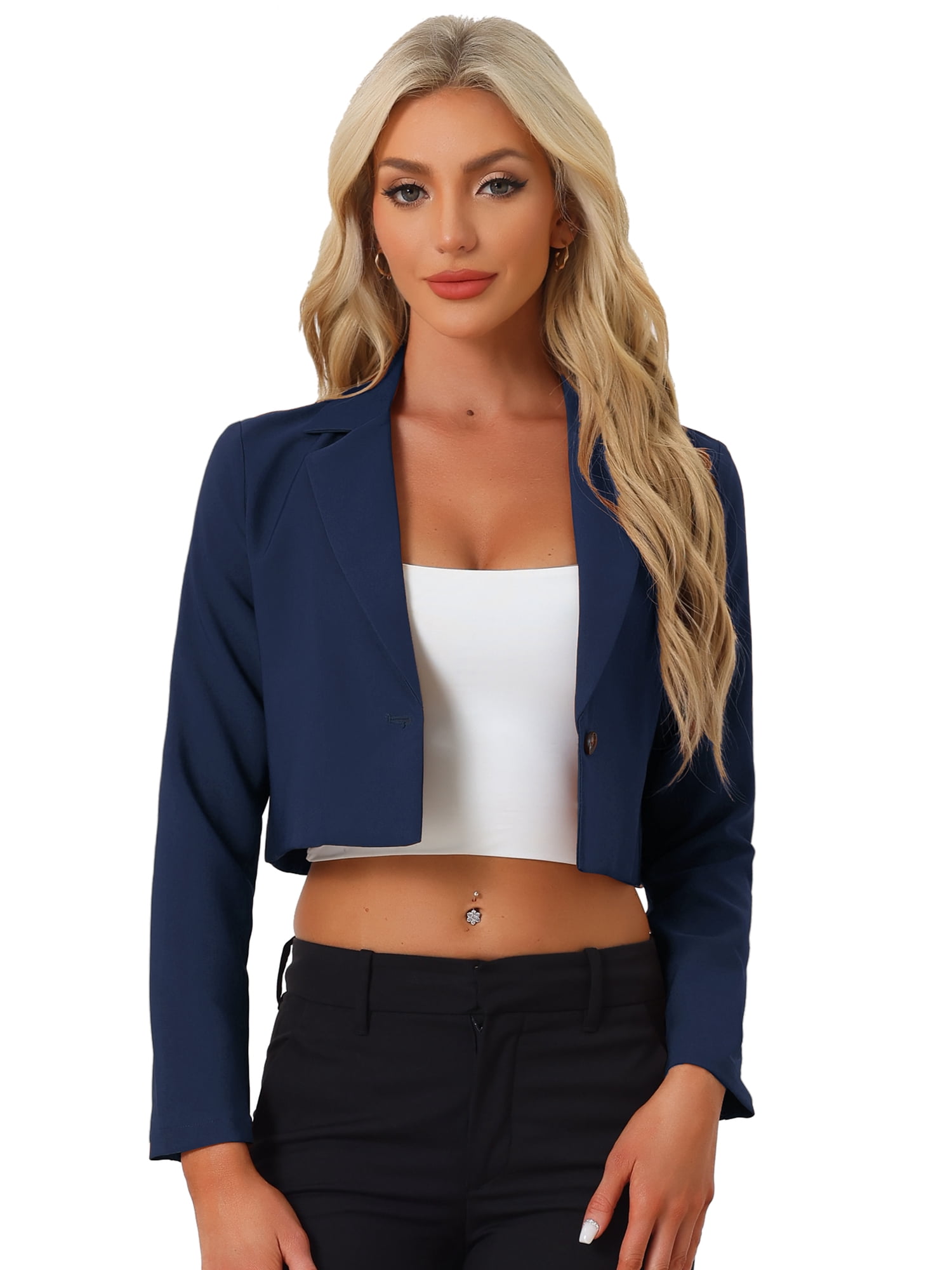 DARING DIVA Women's Notched Lapel Business Cropped Blazer S Dark Blue