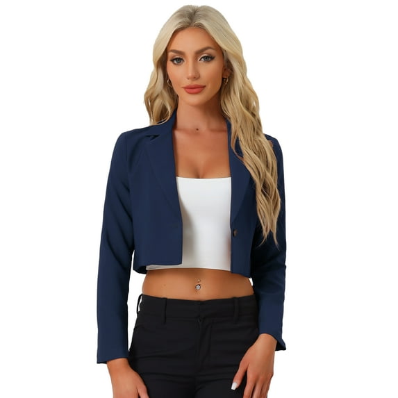 DARING DIVA Women's Notched Lapel Business Cropped Blazer S Dark Blue