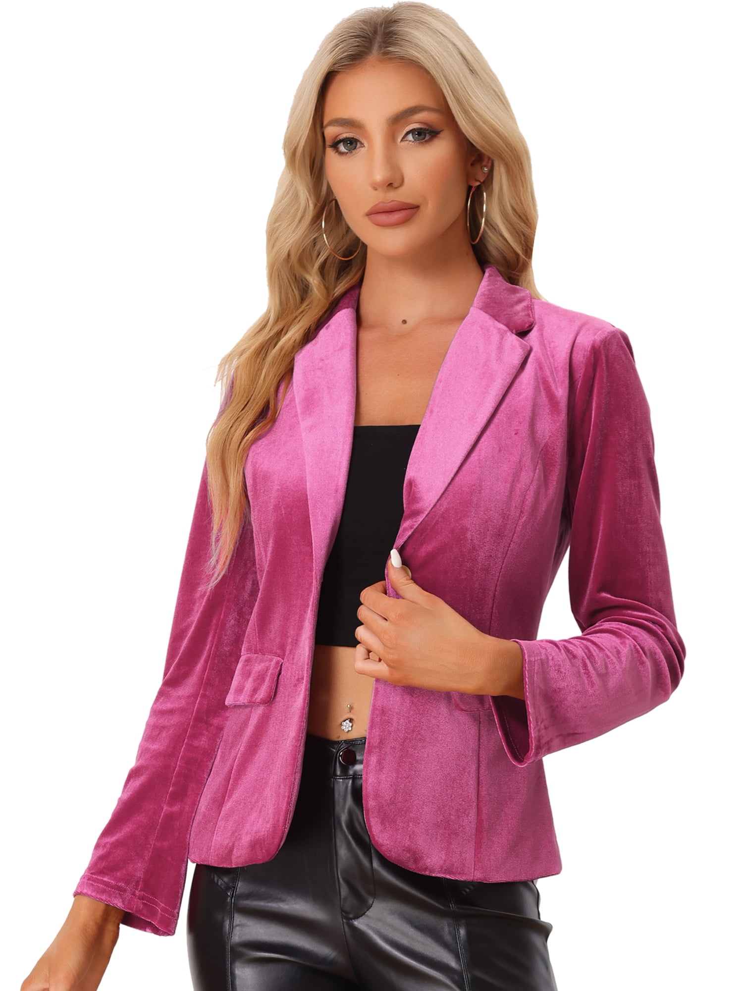 DARING DIVA Women's Notched Lapel Button Front Office Velvet Blazer 3XL Hot Pink