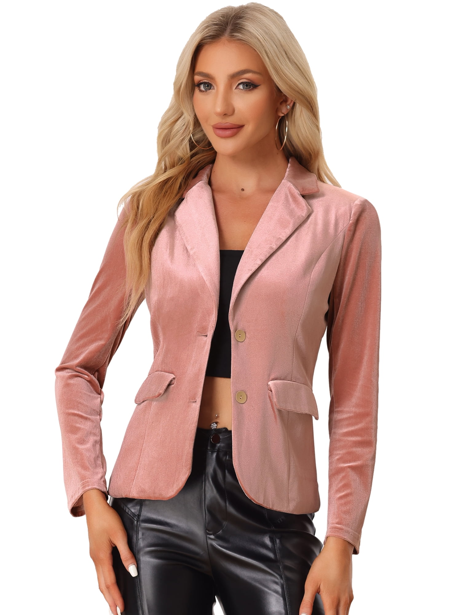 DARING DIVA Women's Notched Lapel Button Front Office Velvet Blazer 3XL Pink