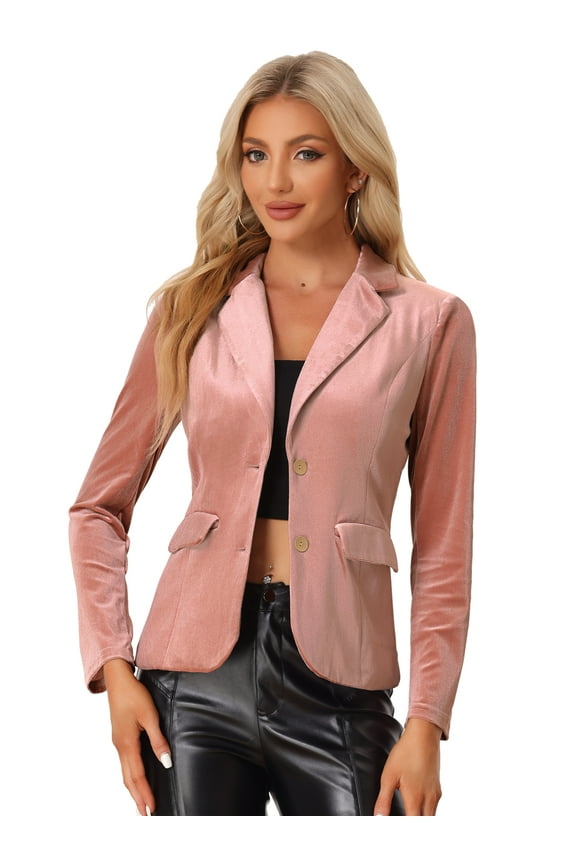 Women's Notched Lapel Button Front Office Velvet Blazer L Pink