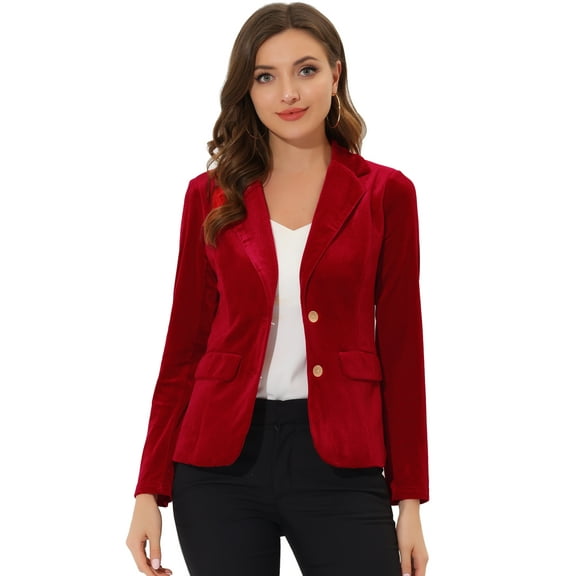 DARING DIVA Women's Notched Lapel Button Front Office Velvet Blazer L Red