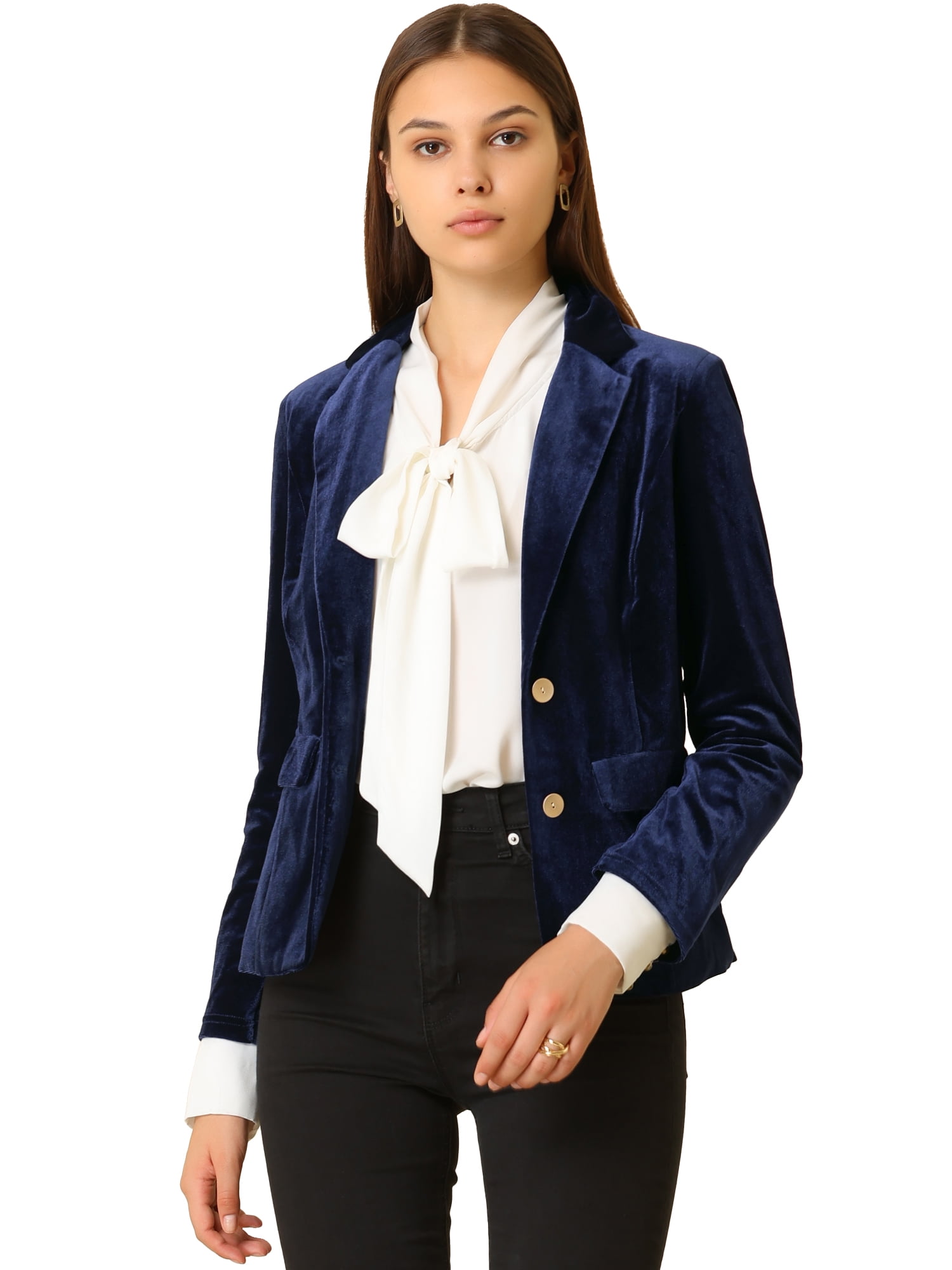 DARING DIVA Women's Notched Lapel Button Front Office Velvet Blazer M Dark Blue