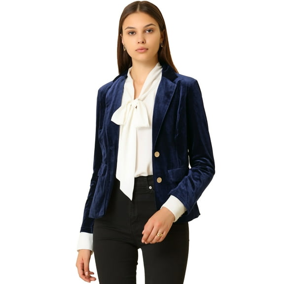 DARING DIVA Women's Notched Lapel Button Front Office Velvet Blazer M Dark Blue