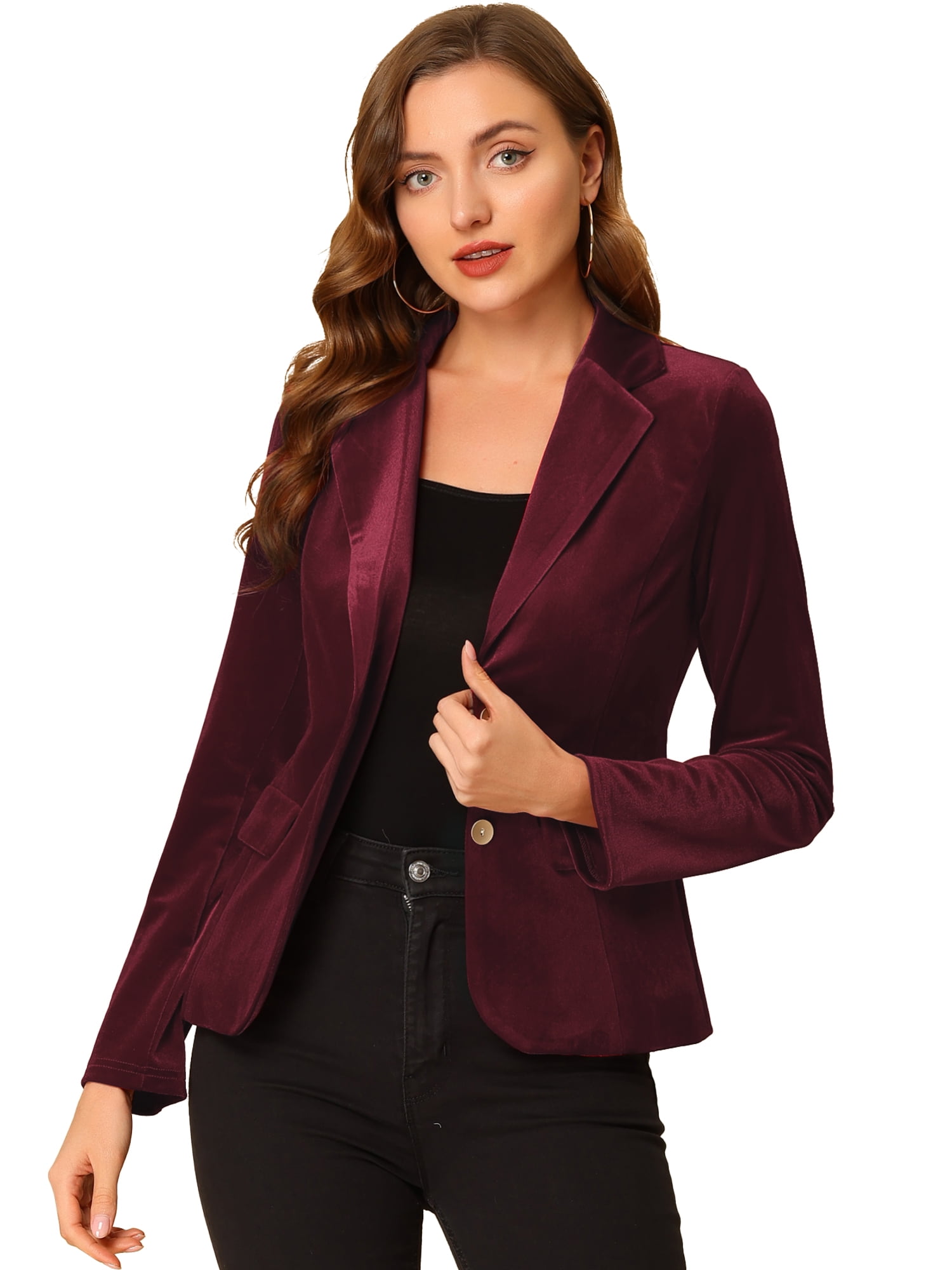 DARING DIVA Women's Notched Lapel Button Front Office Velvet Blazer M Dark Red