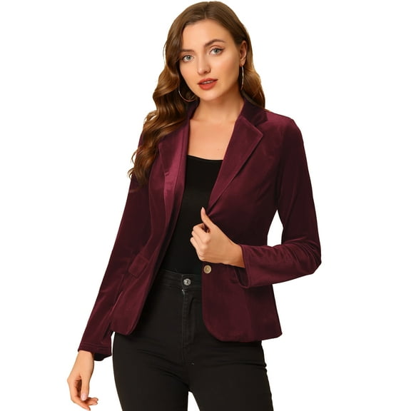 DARING DIVA Women's Notched Lapel Button Front Office Velvet Blazer M Dark Red