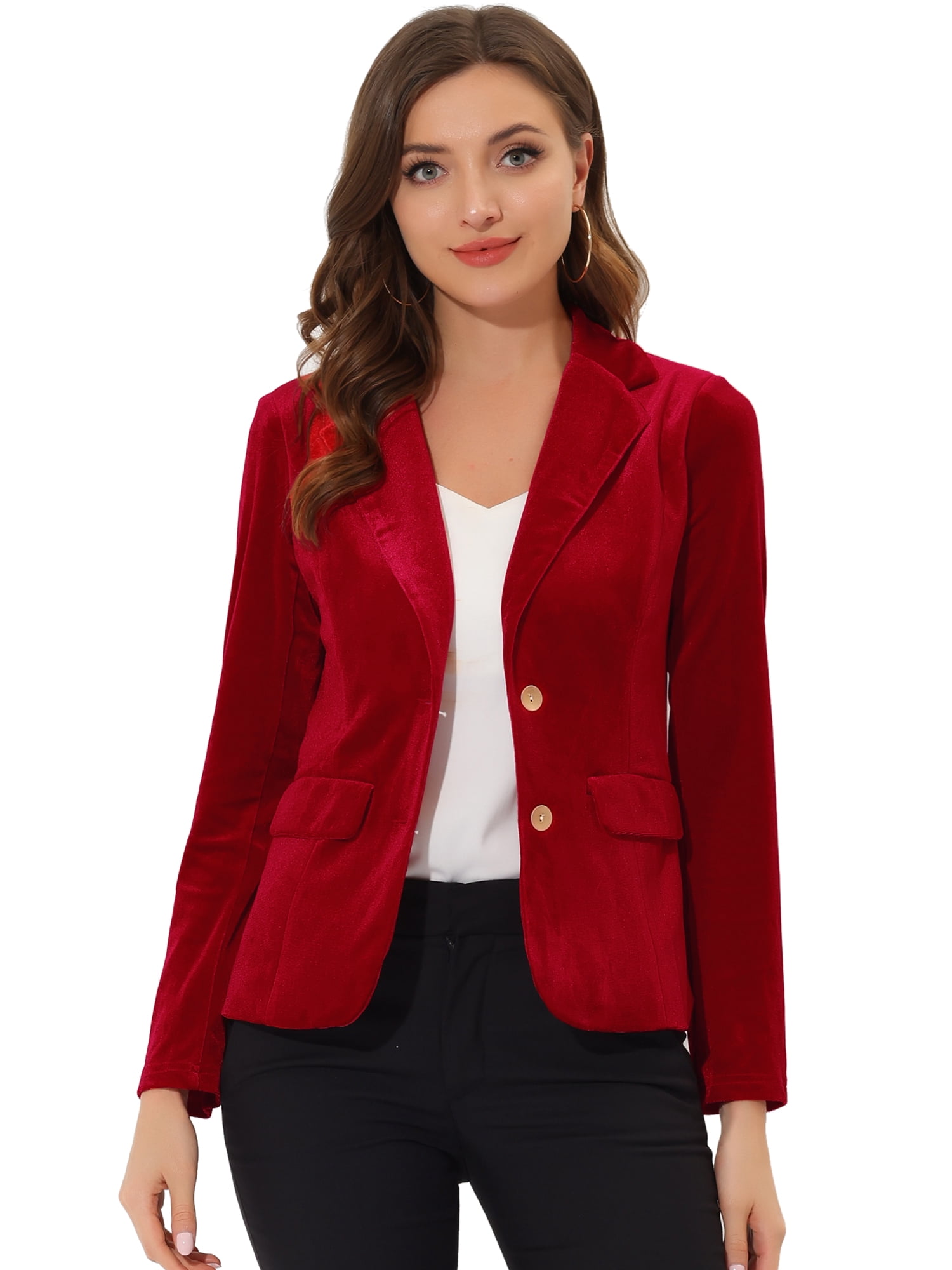 DARING DIVA Women's Notched Lapel Button Front Office Velvet Blazer M Red