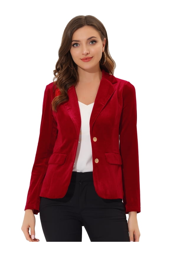 Women's Notched Lapel Button Front Office Velvet Blazer M Red