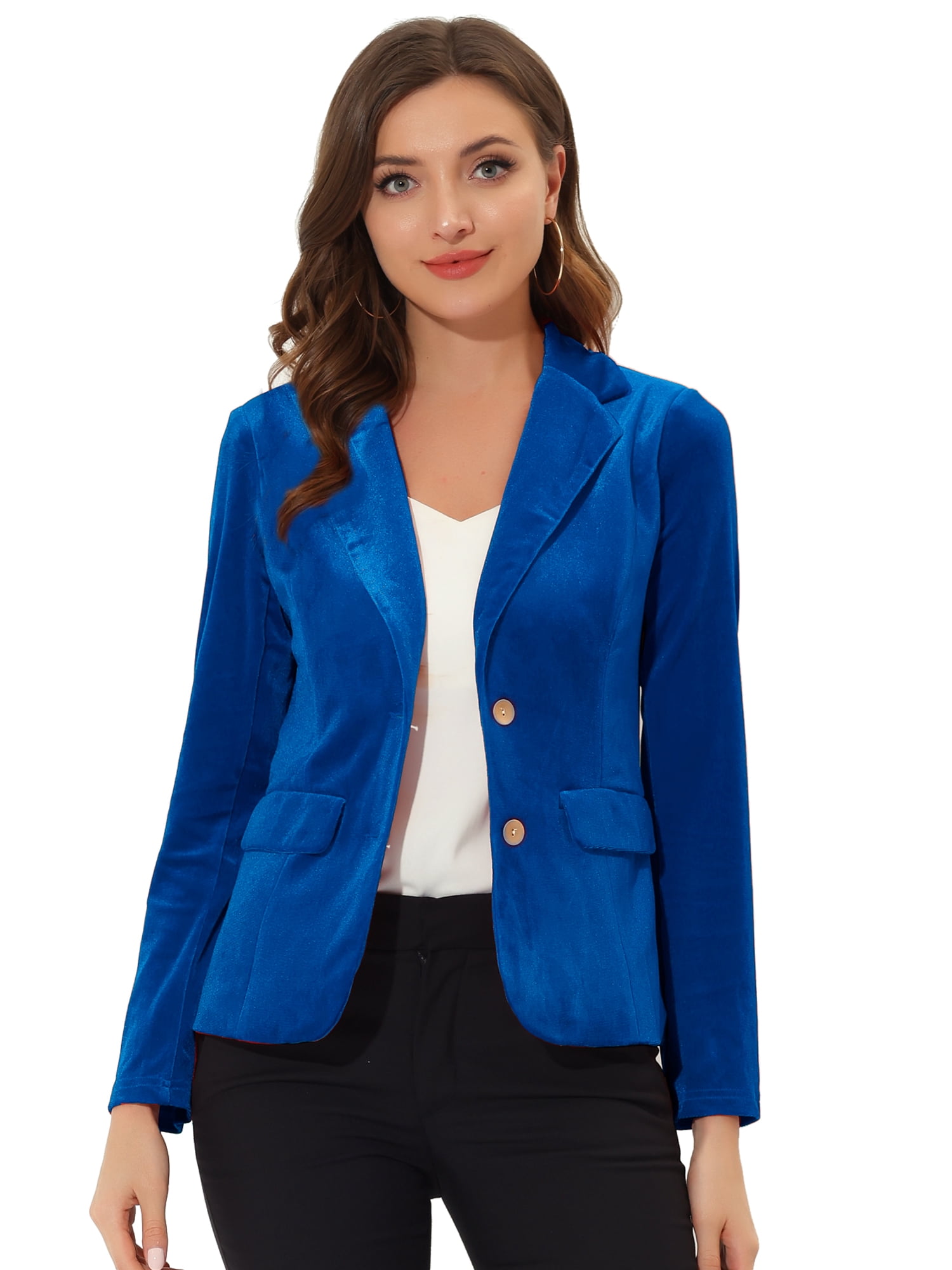 DARING DIVA Women's Notched Lapel Button Front Office Velvet Blazer M Royal Blue
