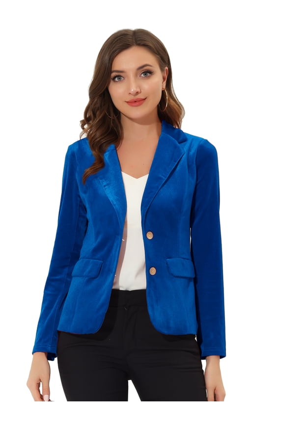 Women's Notched Lapel Button Front Office Velvet Blazer M Royal Blue