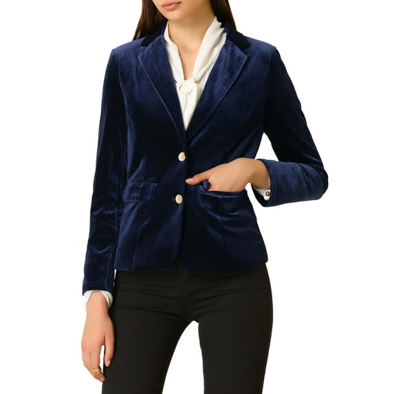 DARING DIVA Women's Notched Lapel Button Front Office Velvet Blazer S Dark Blue