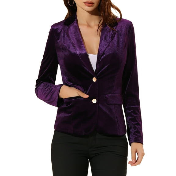 DARING DIVA Women's Notched Lapel Button Front Office Velvet Blazer S Purple