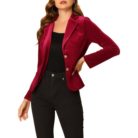 DARING DIVA Women's Notched Lapel Button Front Office Velvet Blazer XL Burgundy