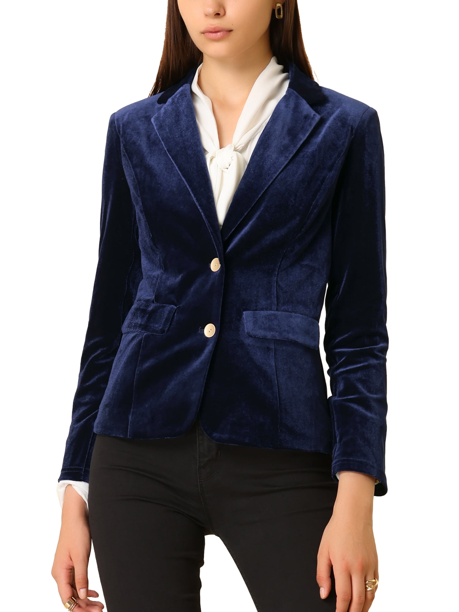 DARING DIVA Women's Notched Lapel Button Front Office Velvet Blazer XL Dark Blue