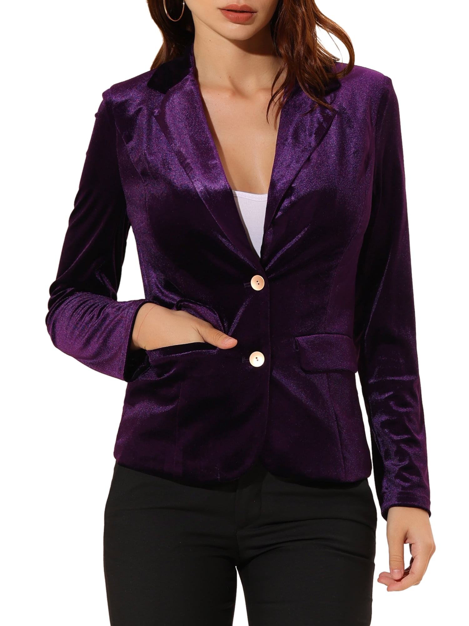 DARING DIVA Women's Notched Lapel Button Front Office Velvet Blazer XL Purple