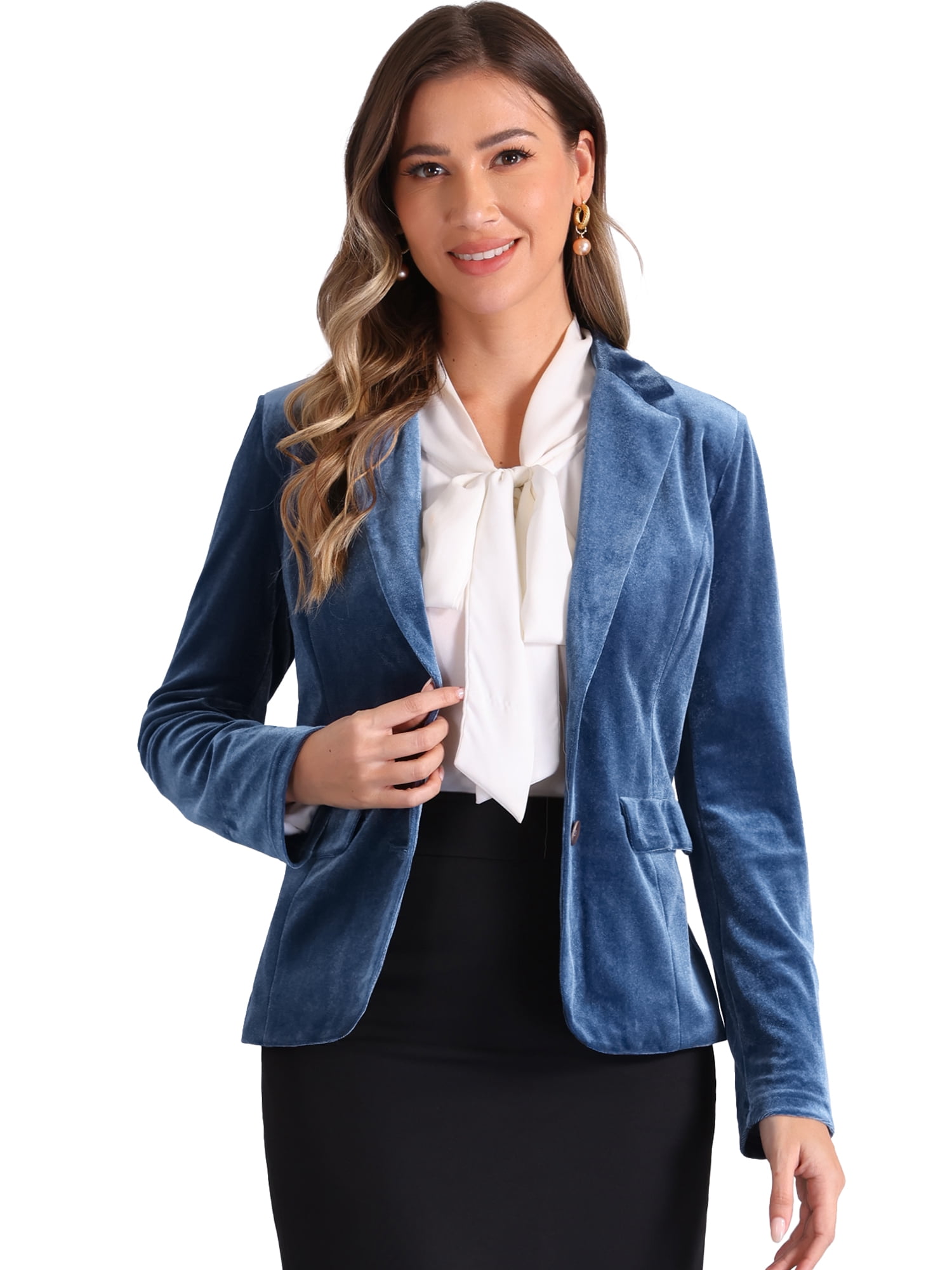 DARING DIVA Women's Notched Lapel Button Front Office Velvet Blazer XS Blue Grey