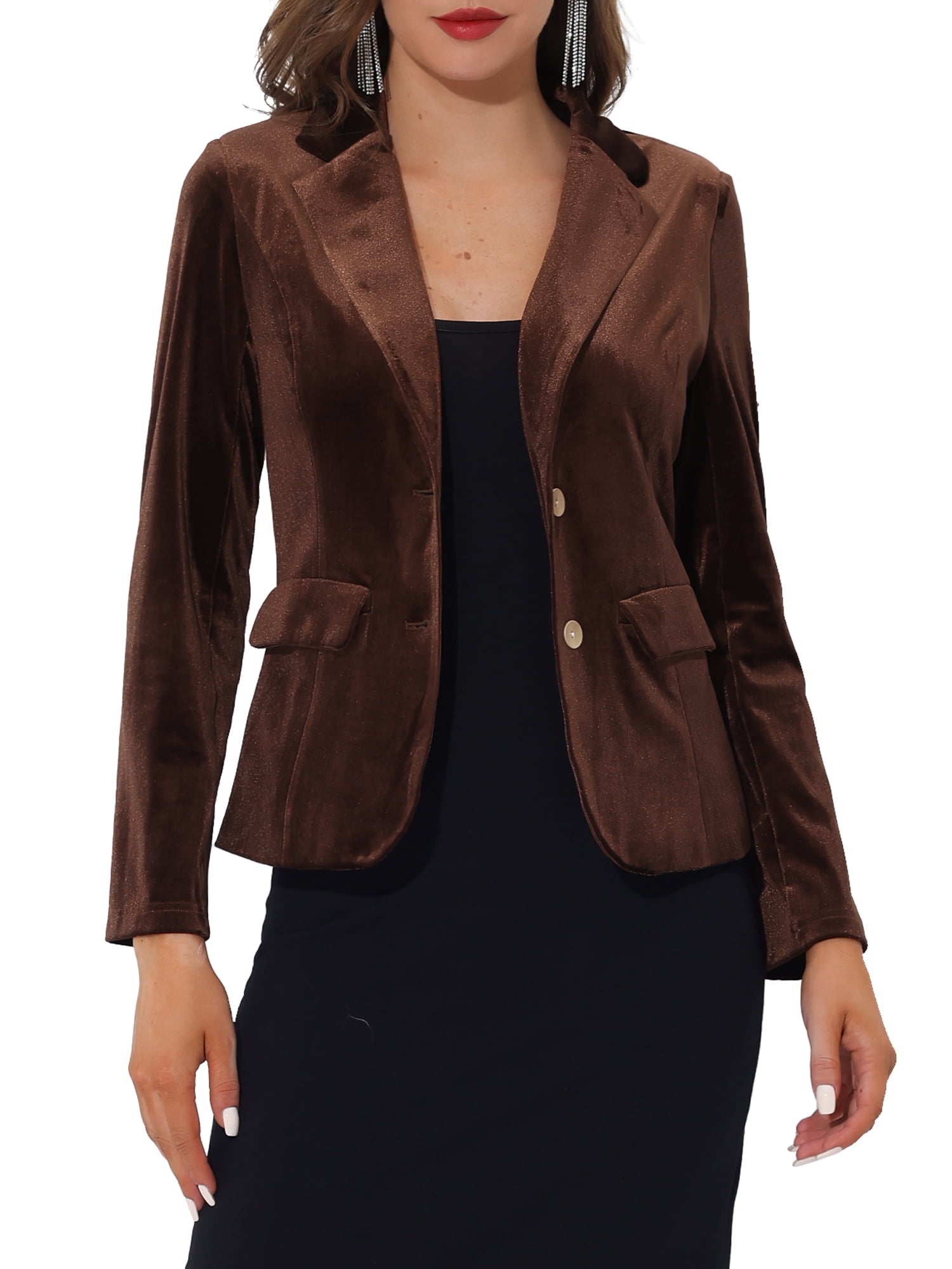 DARING DIVA Women's Notched Lapel Button Front Office Velvet Blazer XS Brown