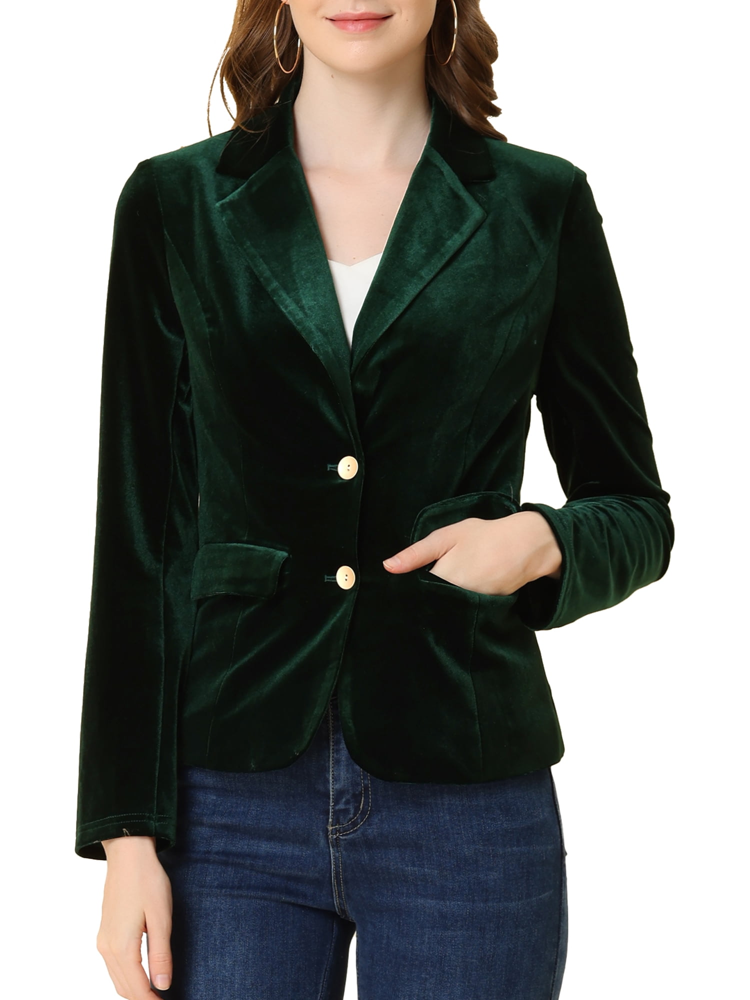 DARING DIVA Women's Notched Lapel Button Front Office Velvet Blazer XS Dark Green