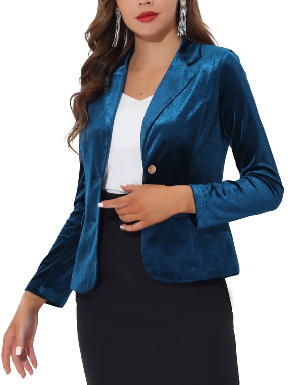 Women's Notched Lapel Button Front Office Velvet Blazer XS Peacock Blue
