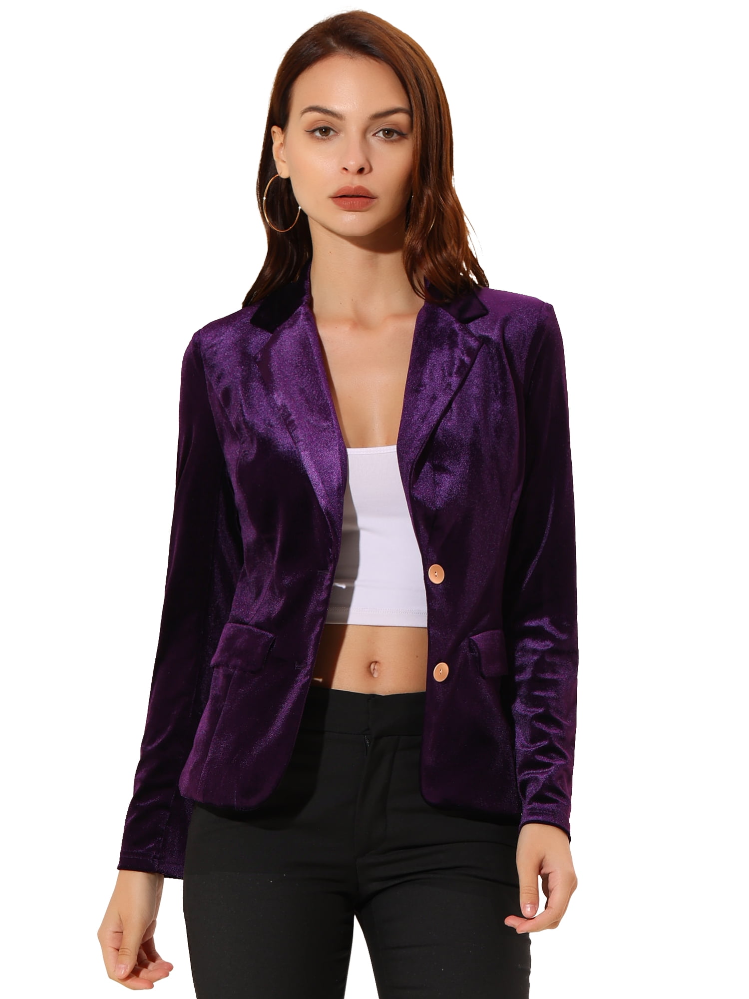 DARING DIVA Women's Notched Lapel Button Front Office Velvet Blazer XS Purple