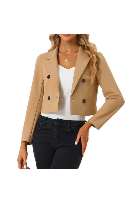 Women's Notched Lapel Collar Office Cropped Blazer Jacket XL Khaki