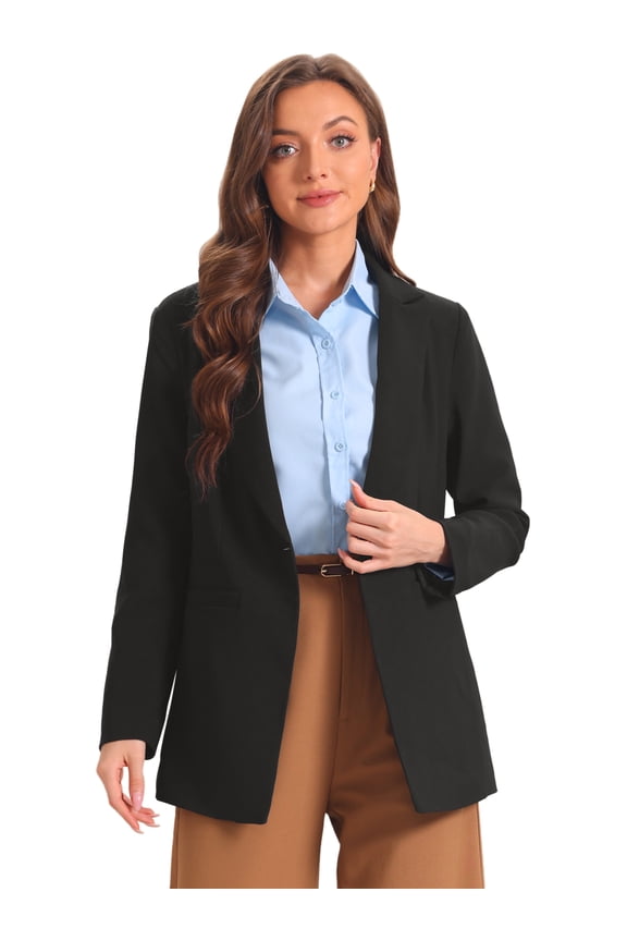 Women's Notched Lapel Collar One Button Office Suit Jacket S Black