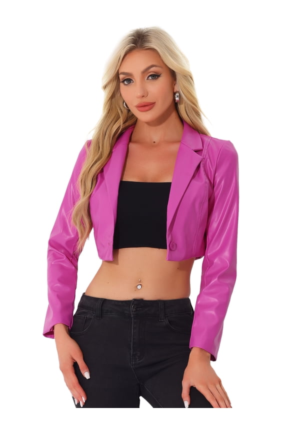 Women's Notched Lapel Collar Single Breasted Moto PU Jacket XS Hot Pink