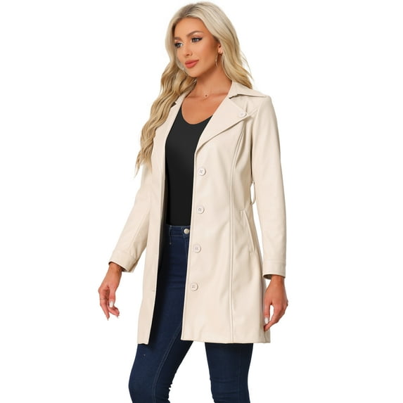 DARING DIVA Women's Notched Lapel Collar Steampunk PU Coat Outwear L Cream White