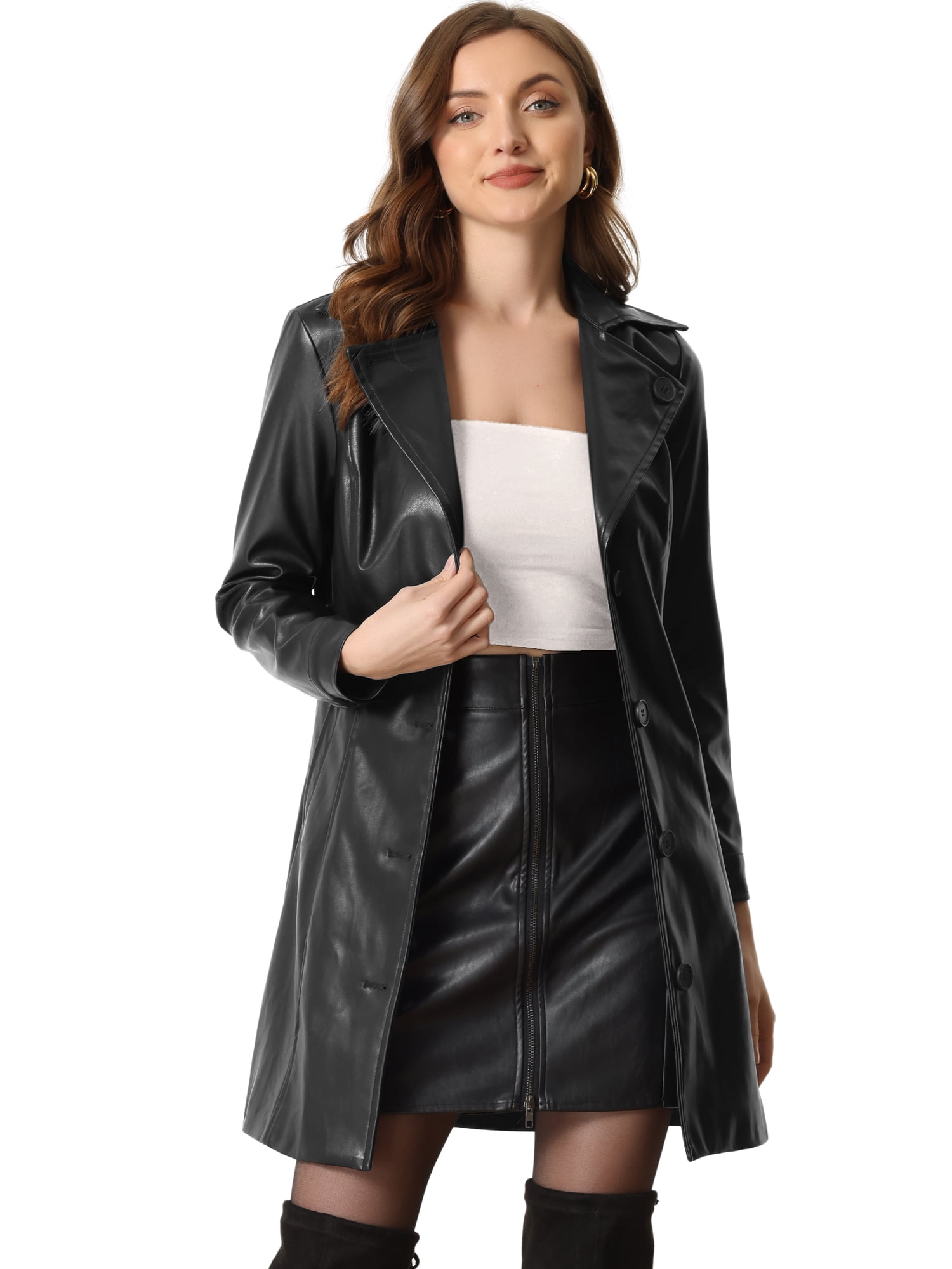 DARING DIVA Women's Notched Lapel Collar Steampunk PU Coat Outwear M Black