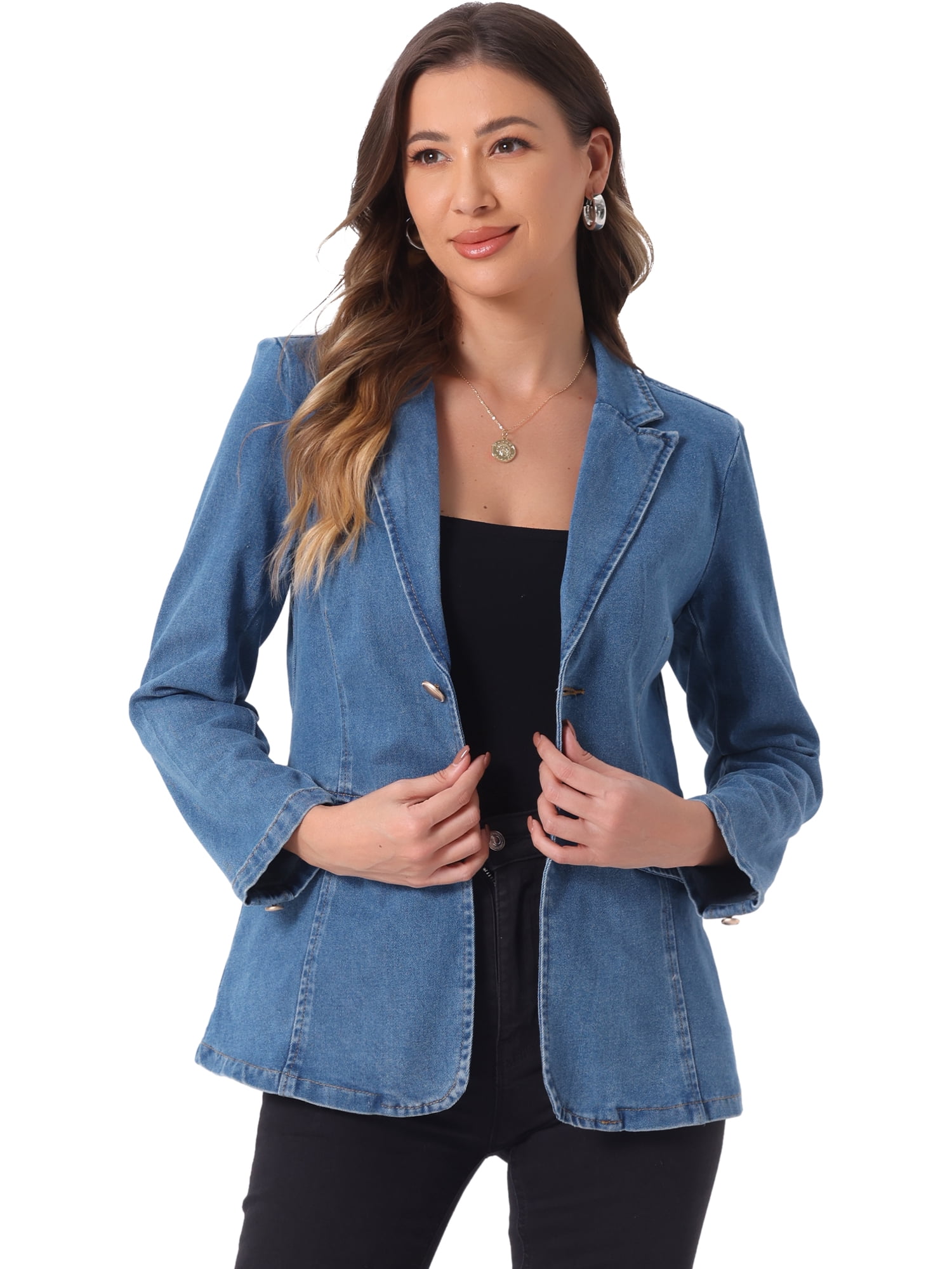 DARING DIVA Women's Notched Lapel Denim Blazer Work Pad Jean Jackets S Light Blue