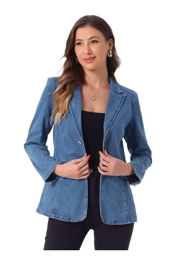 Women's Notched Lapel Denim Blazer Work Pad Jean Jackets L Light Blue