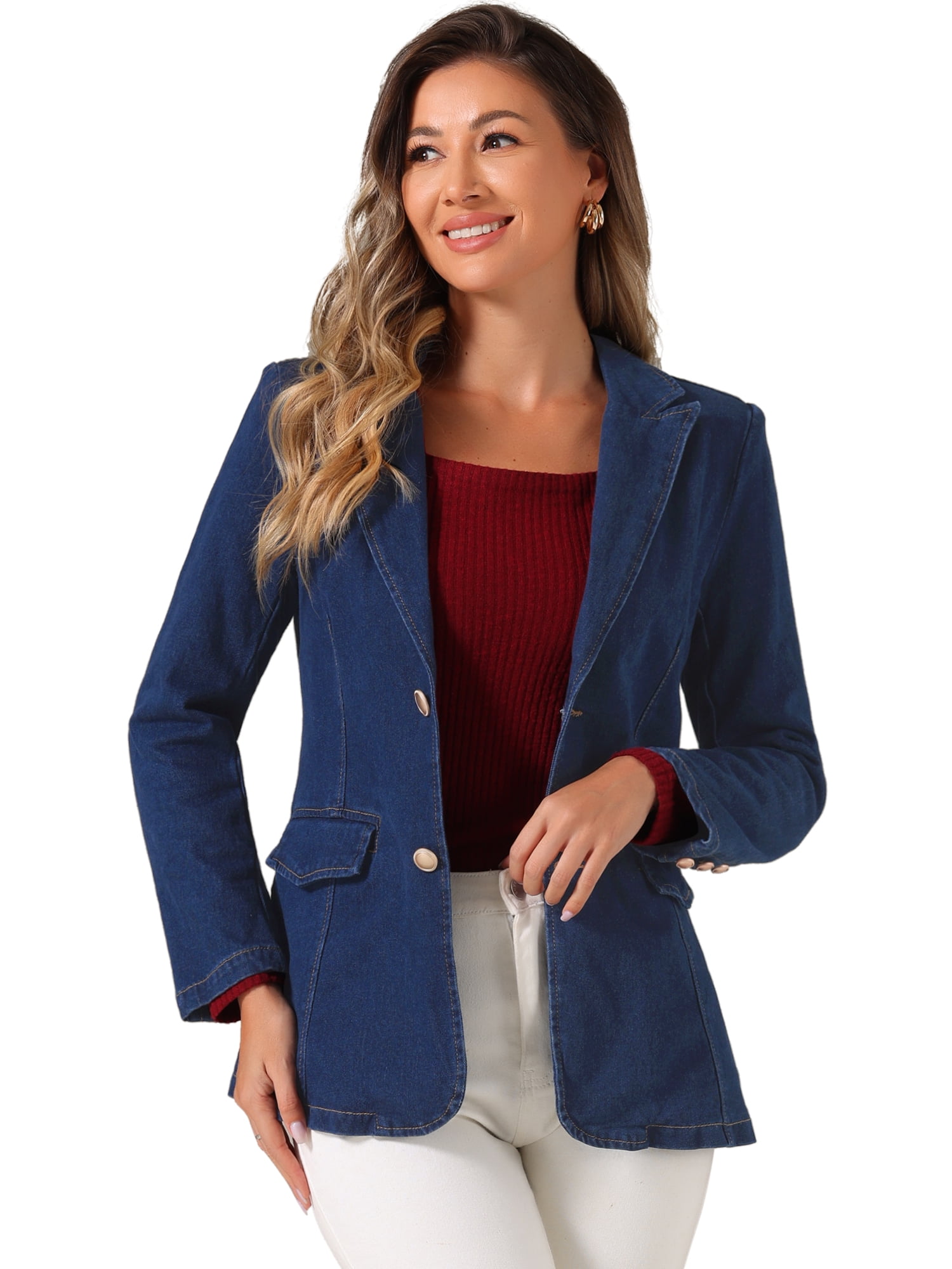 DARING DIVA Women's Notched Lapel Denim Blazer Work Pad Jean Jackets S Dark Blue