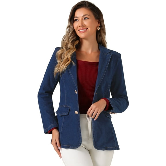 DARING DIVA Women's Notched Lapel Denim Blazer with Shoulder Pads S Dark Blue