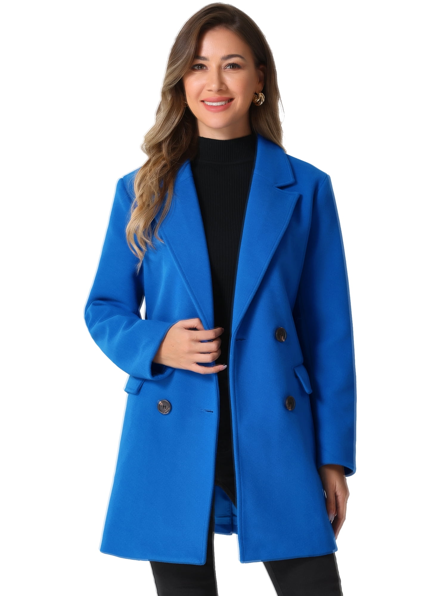 DARING DIVA Women's Notched Lapel Double Breasted Belted Trench Coat Blue S