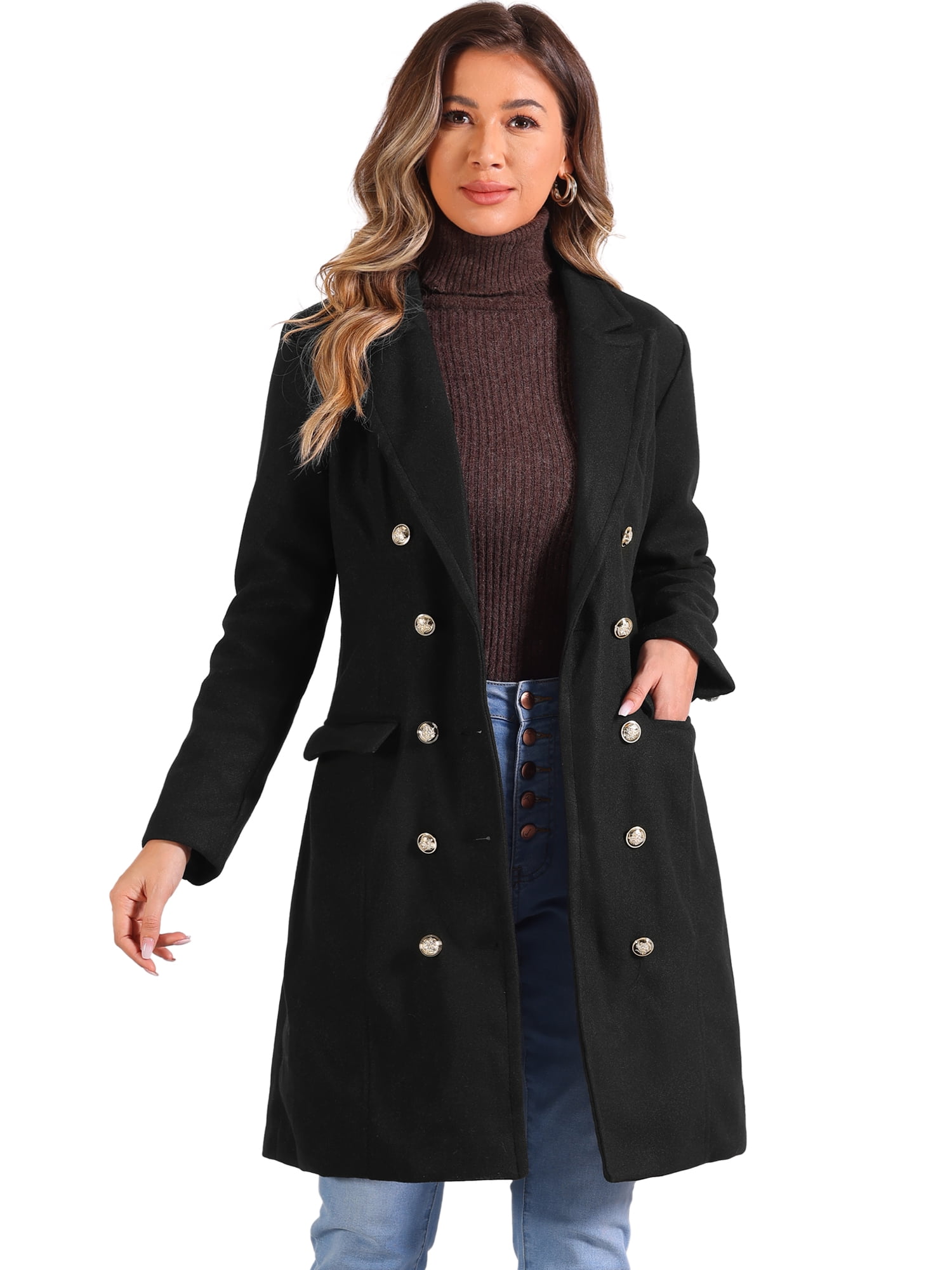 DARING DIVA Women's Notched Lapel Double Breasted Midi Long Winter Coats Black S