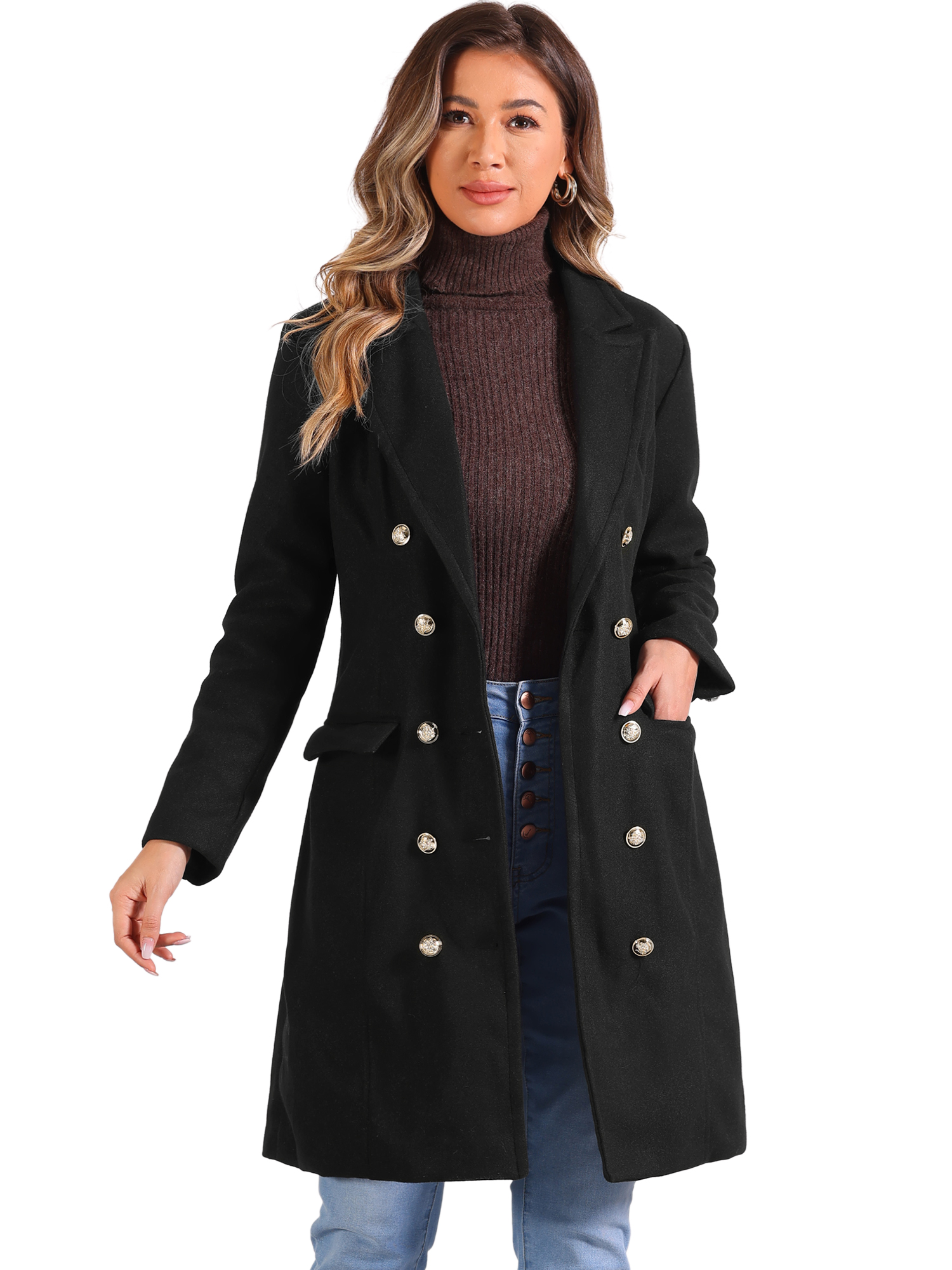 DARING DIVA Women's Notched Lapel Double Breasted Midi Long Winter Coats Black XS