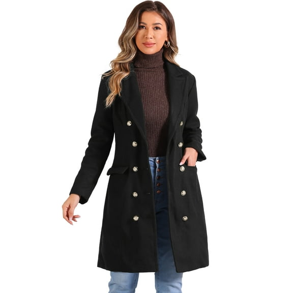 DARING DIVA Women's Notched Lapel Double Breasted Midi Long Winter Coats Black XS