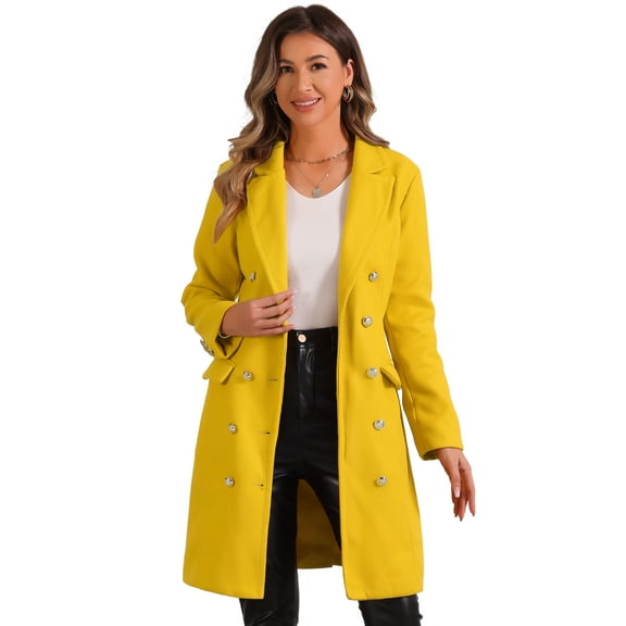 DARING DIVA Women's Notched Lapel Double Breasted Midi Long Winter Coats Yellow XS