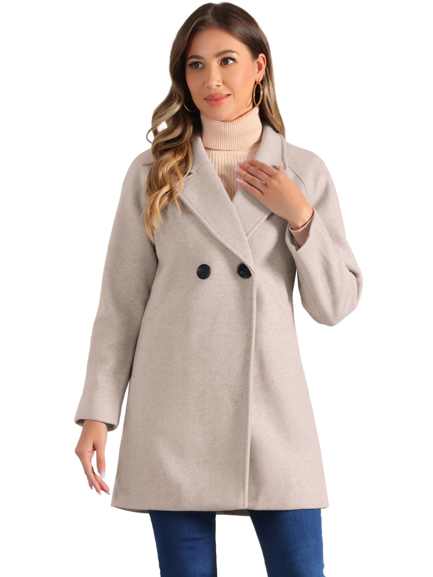 DARING DIVA Women's Notched Lapel Double Breasted Raglan Sleeve Coat Light Grey S