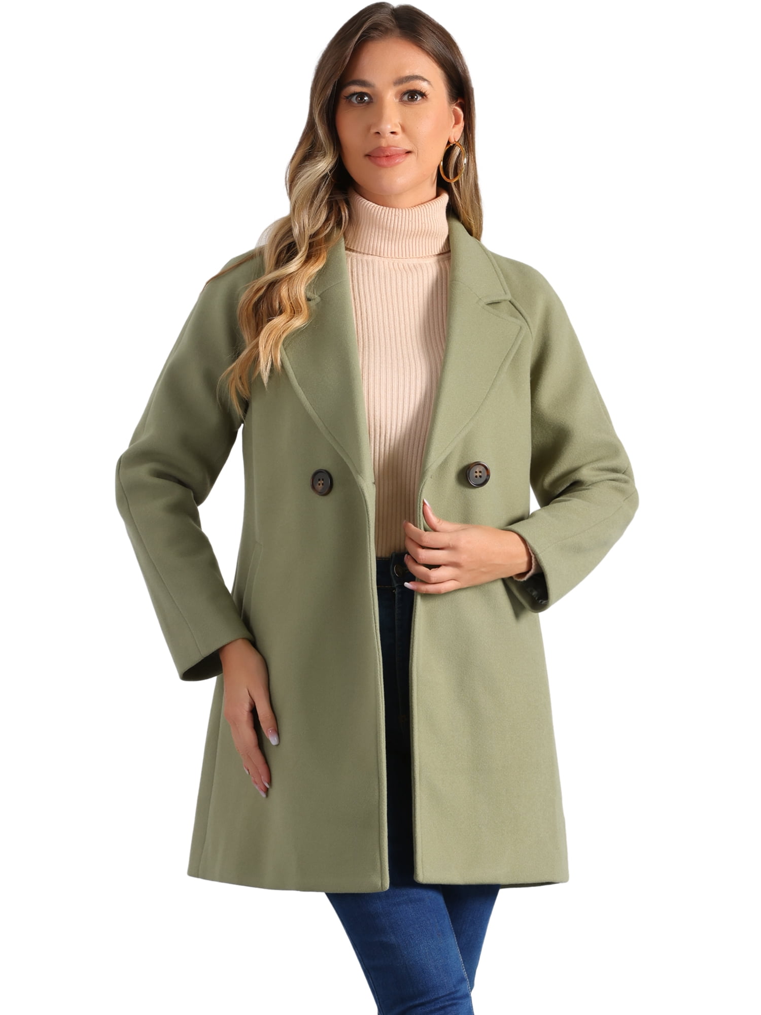 DARING DIVA Women's Notched Lapel Double Breasted Raglan Sleeve Coat Pea Green S