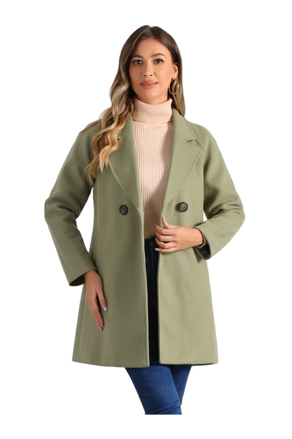 Women's Notched Lapel Double Breasted Raglan Sleeve Coat Pea Green XL
