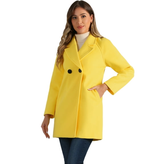 DARING DIVA Women's Notched Lapel Double Breasted Raglan Sleeve Coat Yellow S