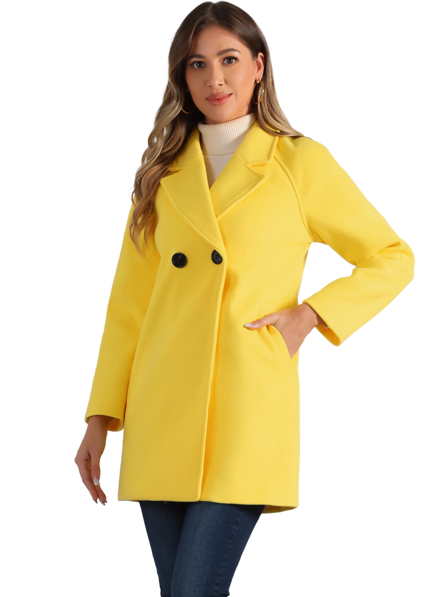 DARING DIVA Women's Notched Lapel Double Breasted Raglan Sleeve Coat Yellow XL