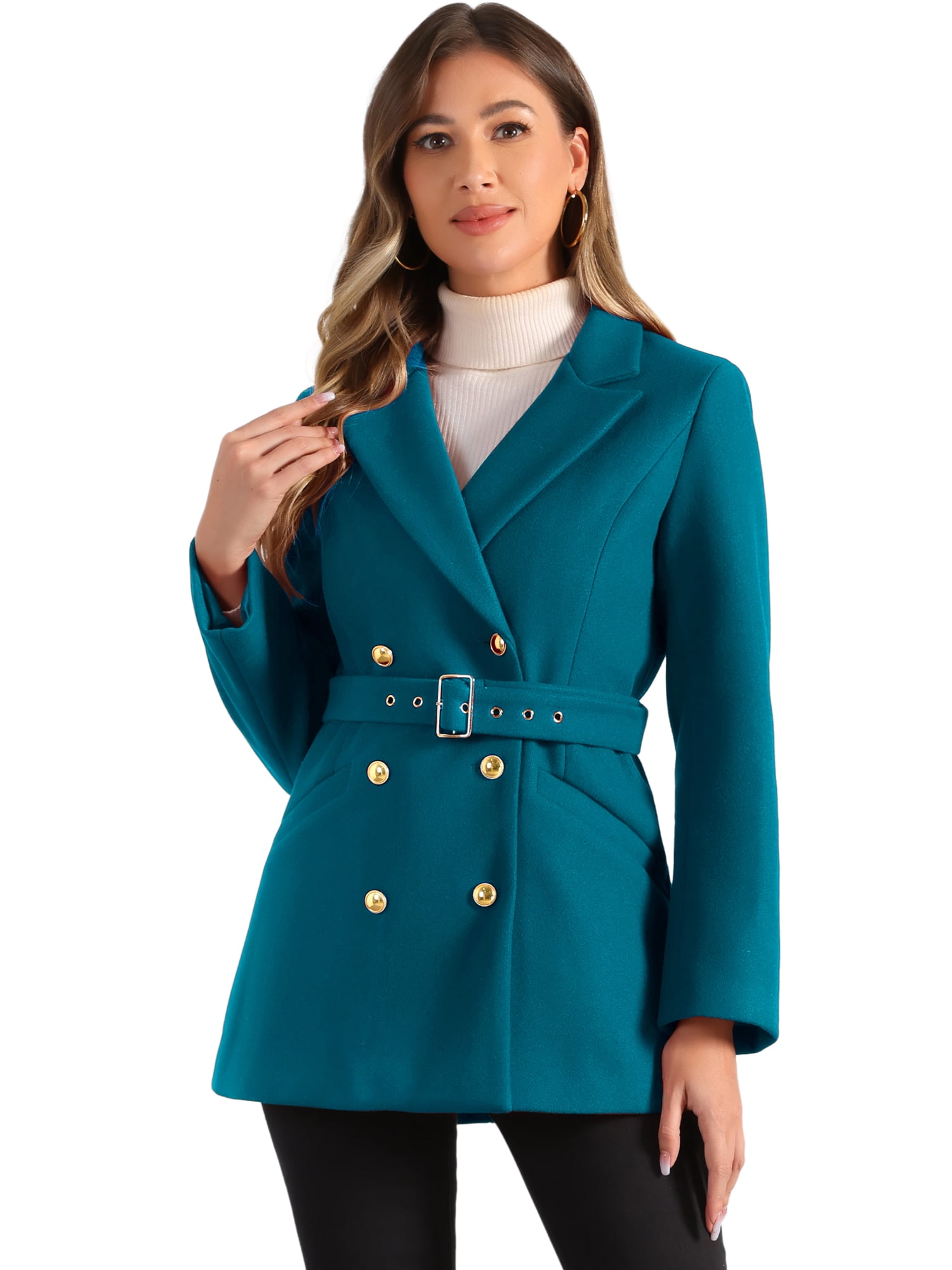 DARING DIVA Women's Notched Lapel Double Breasted Winter Trenchcoat XL Dark Lake Blue