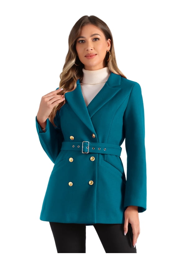 DARING DIVA Women's Notched Lapel Double Breasted Winter Trenchcoat XL Dark Lake Blue