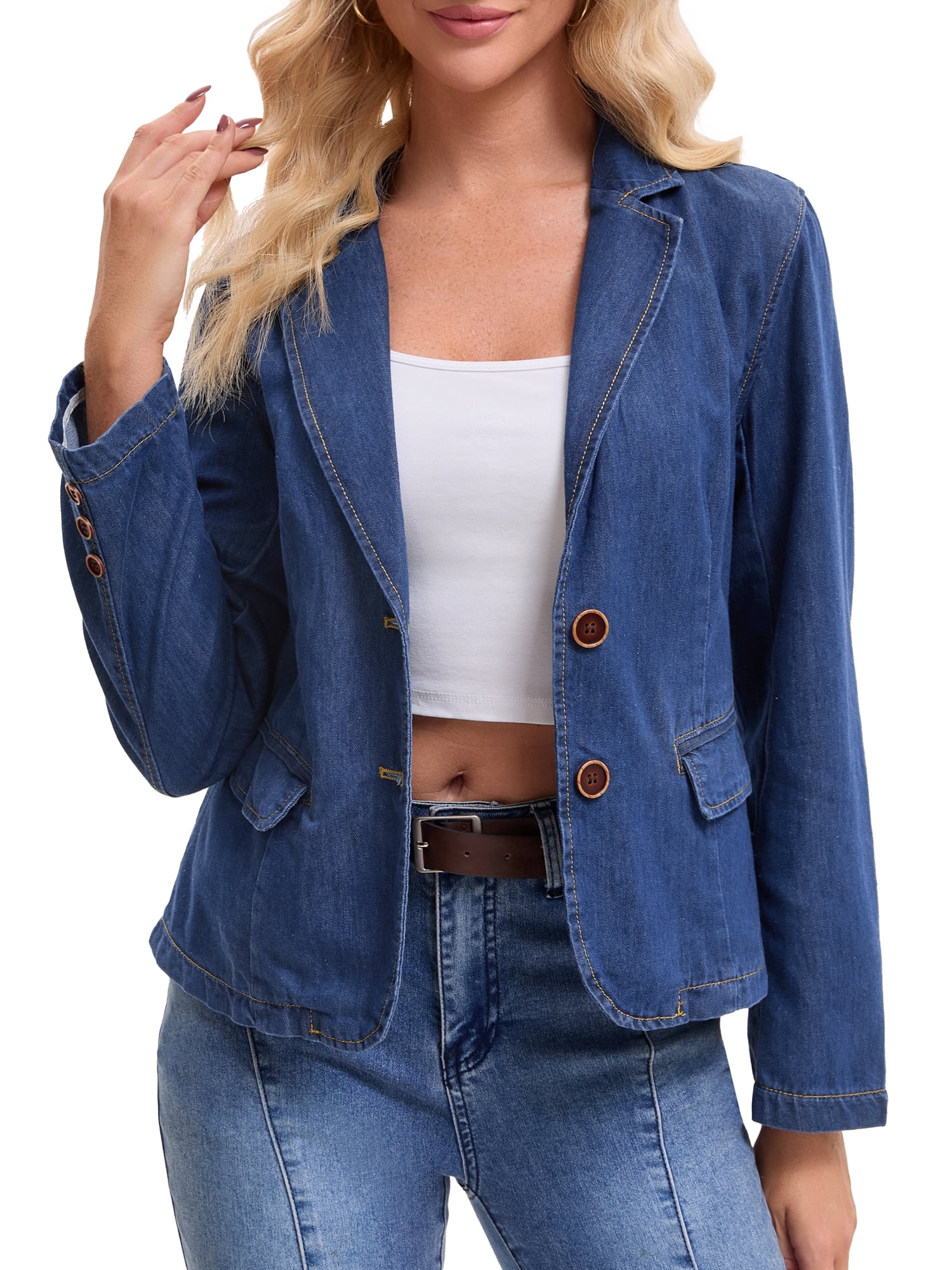 DARING DIVA Women's Notched Lapel Long Sleeve Button Fitted Blazer M Dark Blue
